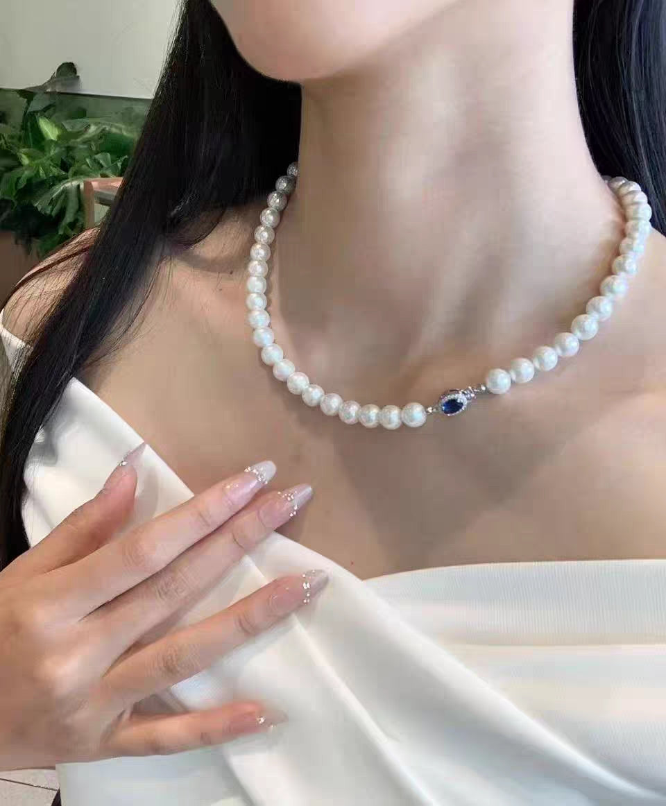 Natural Australian Pearls Sapphire Sea Sterling Silver Necklace -Giftable Packing as Pictures-Greeting Card-Custom Hand written Note