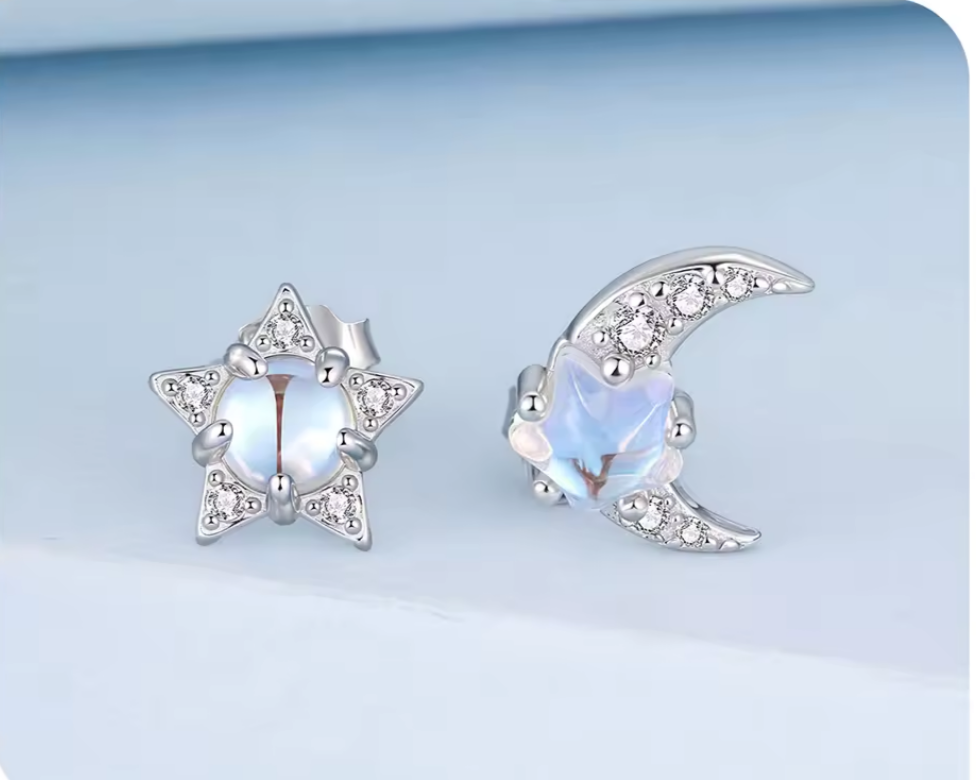 Star&Moon Sterling Silver 925 Stud earrings with Moonstone