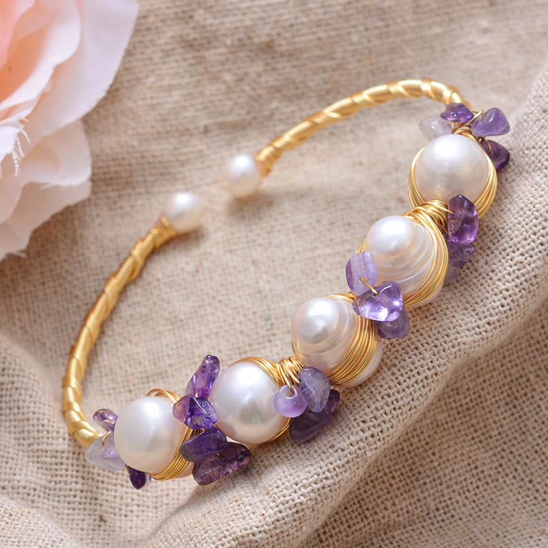 Gold Filled Natural Pearls with Amethyst Bracelet