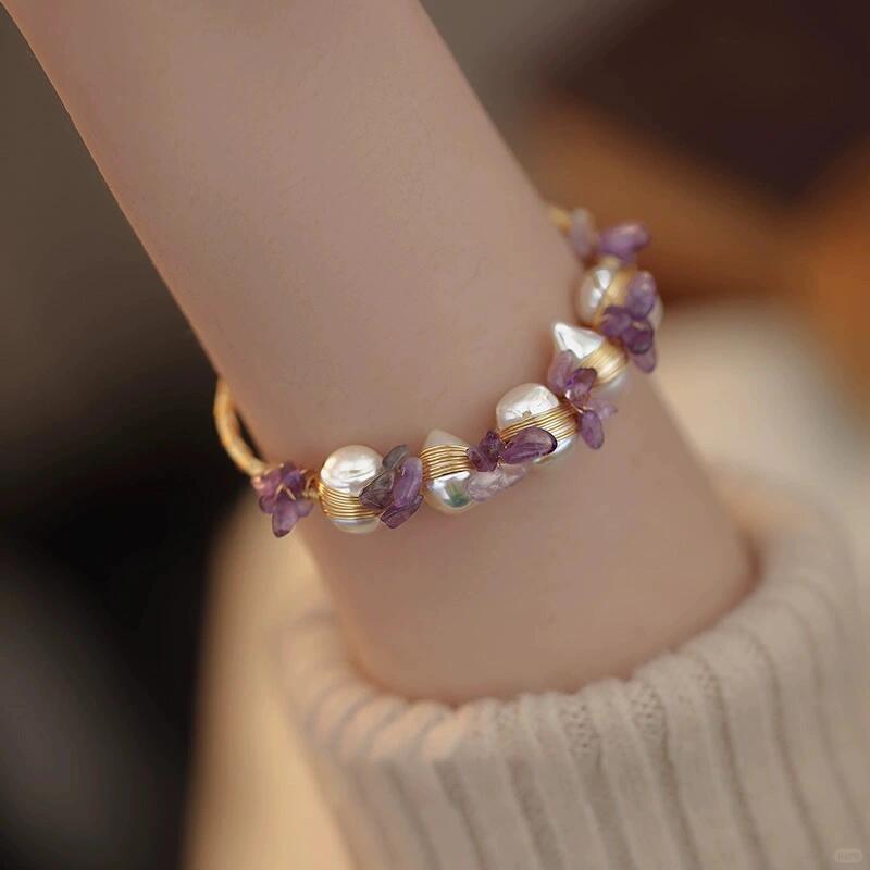 Gold Filled Natural Pearls with Amethyst Bracelet