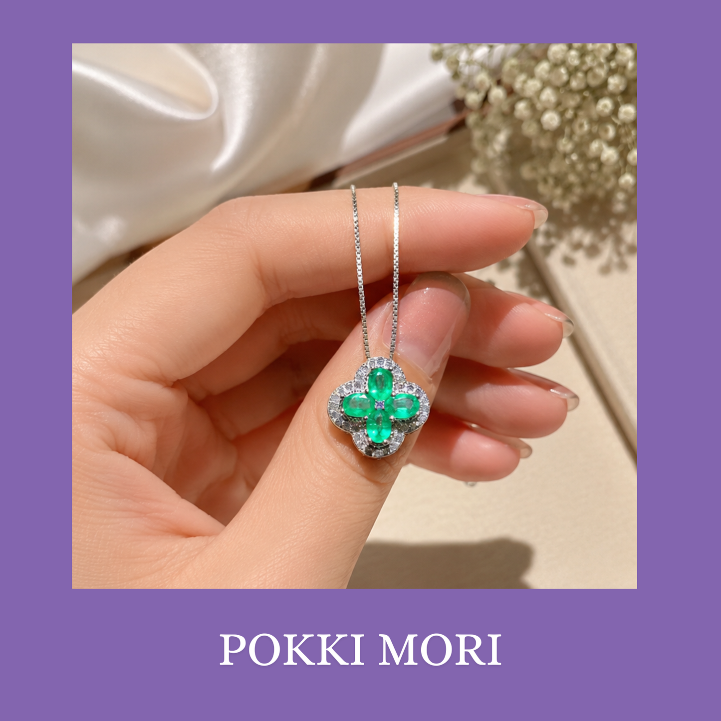 Four leaf clover Natural Emerald Sterling Silver 925 Necklace with Lab certificate 3*4mm