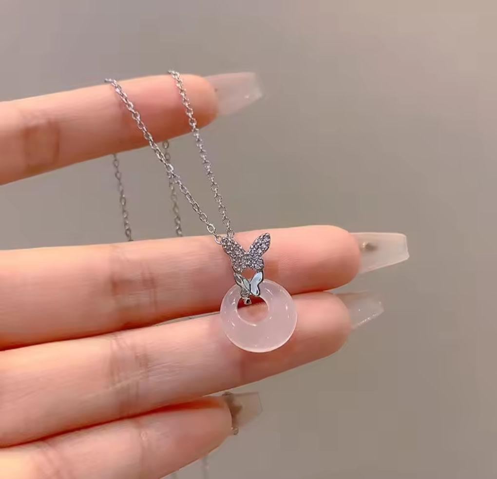 Butterfly Natural Jade stone Sliver 925 Necklace with Certificate of authenticity from Lab 40+5cm