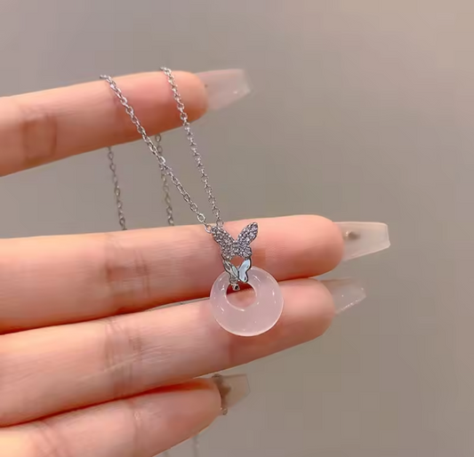 Butterfly Natural Jade stone Sliver 925 Necklace with Certificate of authenticity from Lab 40+5cm