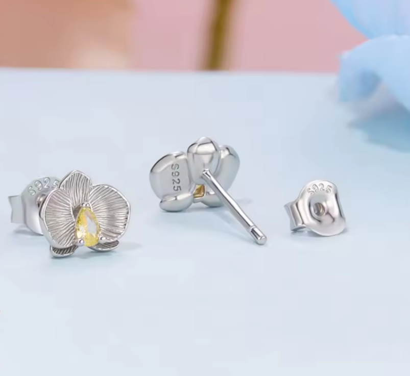 Phalaenosis Floral Sterling Silver 925 Stud Earrings
