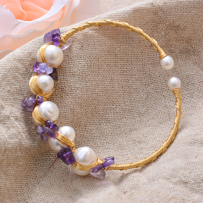 Gold Filled Natural Pearls with Amethyst Bracelet