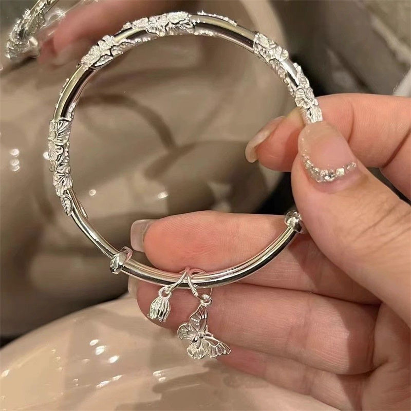 Traditional Patterns Butterfly Charm Bangle bracelet Sterling Silver With lab certificate