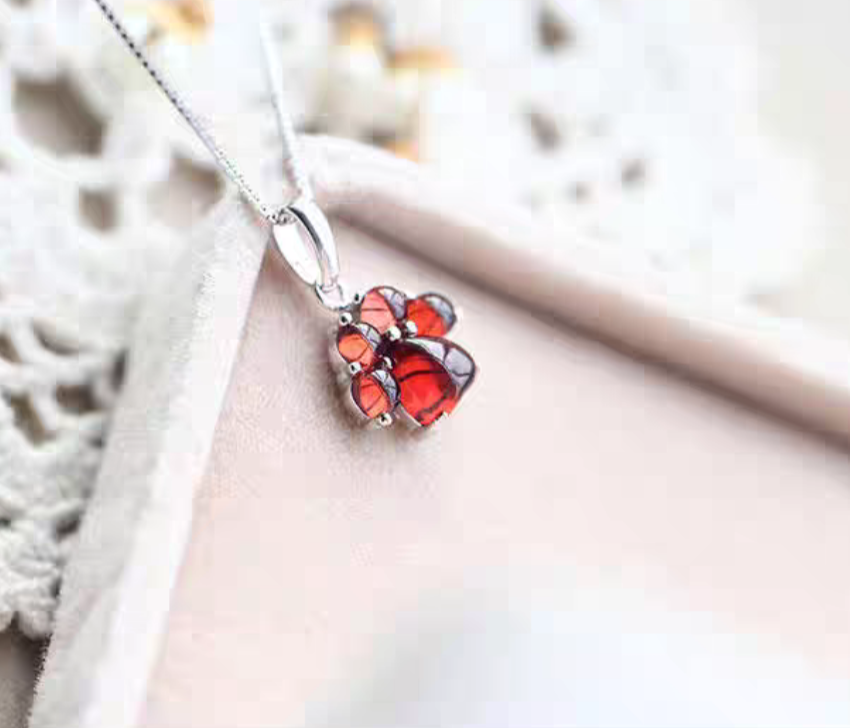 Natural Garnet Necklace with Cat Paw Sterling Silver Pendant, Mini Minimalist Necklace