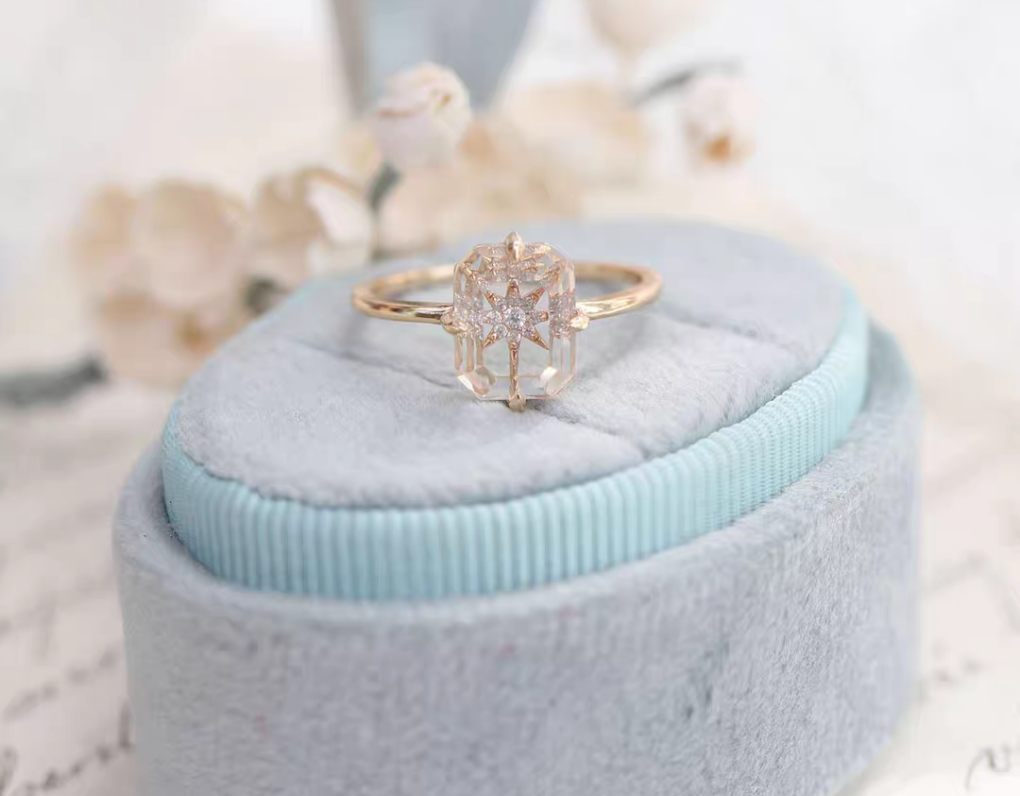 Celestial emerald-cut  starburst diamond accent Sterling Silver 925 Ring