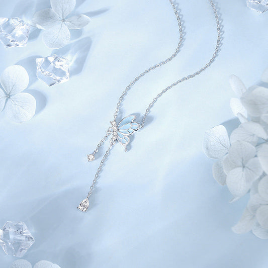 Blue Butterfly Sterling Silver Dangling Cubic Zircon Necklace