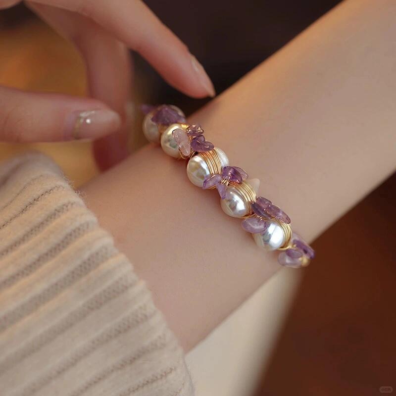 Gold Filled Natural Pearls with Amethyst Bracelet