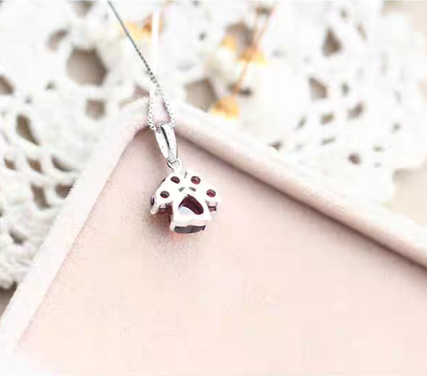 Natural Garnet Necklace with Cat Paw Sterling Silver Pendant, Mini Minimalist Necklace
