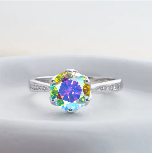 Rainbow colours 3 carat Moissanite Sterling Silver 925 Ring with Certificate