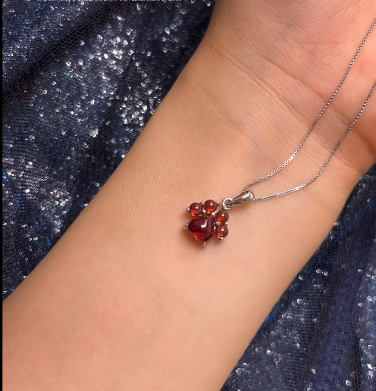 Natural Garnet Necklace with Cat Paw Sterling Silver Pendant, Mini Minimalist Necklace